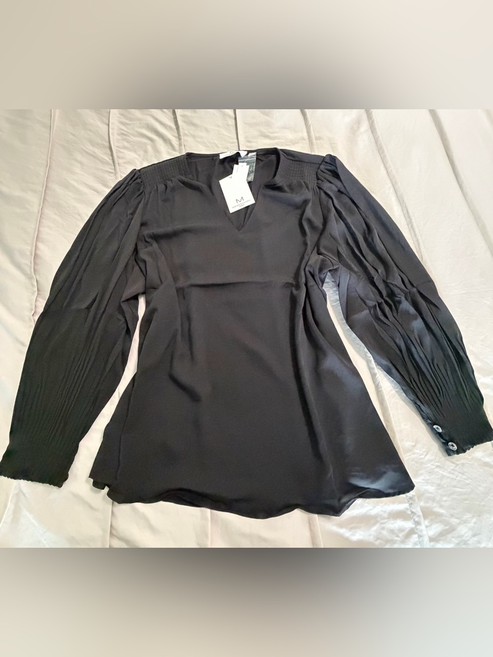 Magaschoni Black V-Neck Long-Sleeve Blouse with Pleated Shoulders